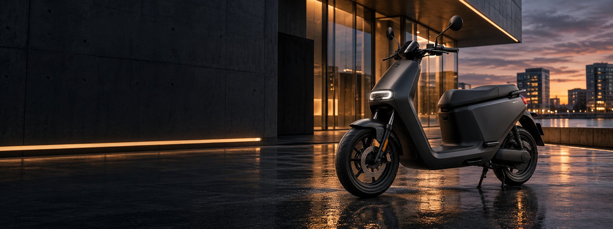 Elektrisches Moped in moderner Stadtumgebung